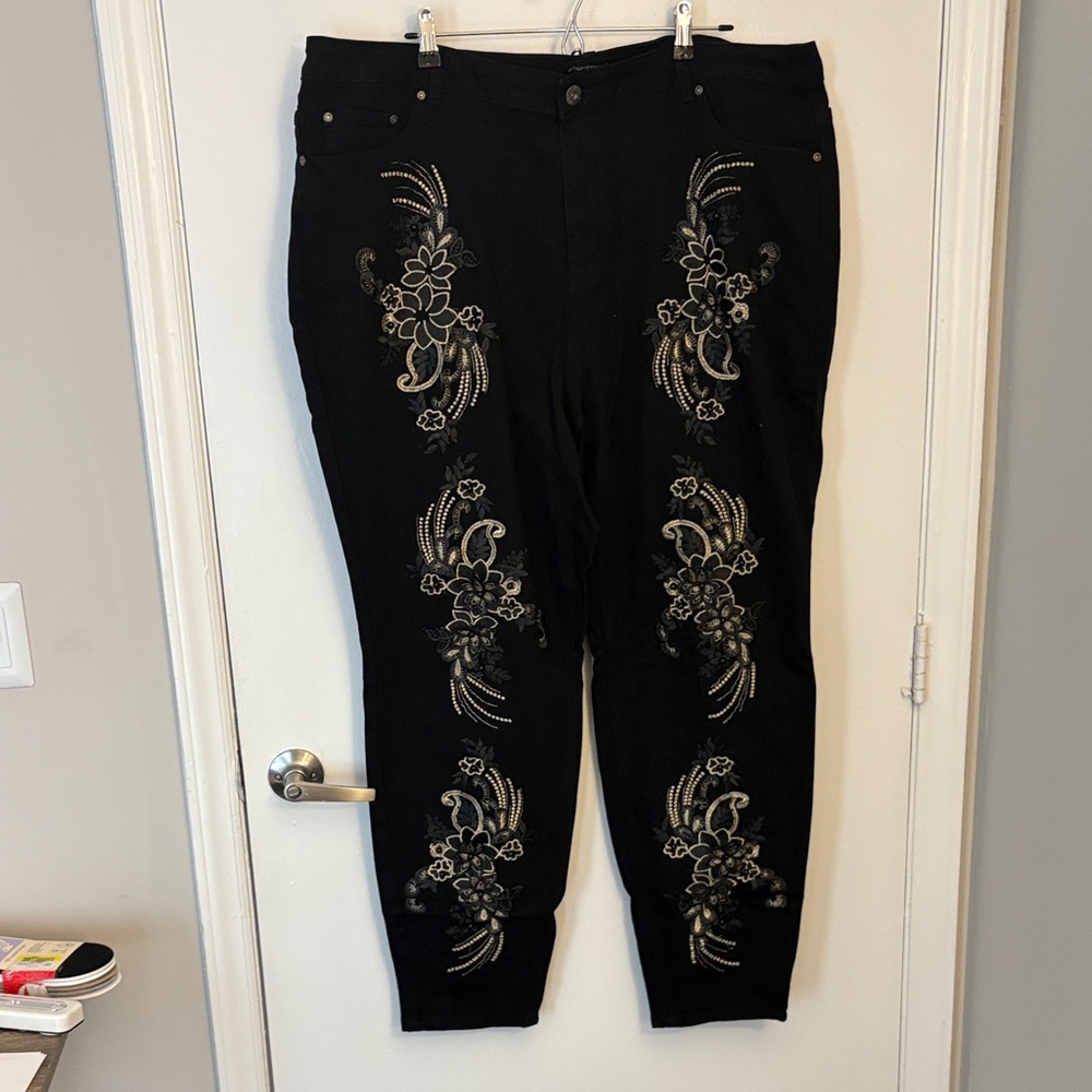 Ashley Stewart Black Pants with Gold Floral Embroidery